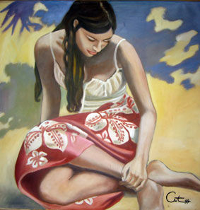 Painting titled "le pareo rouge" by Curt, Original Artwork, Oil