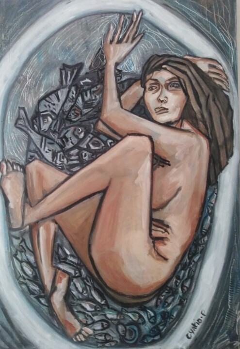 Painting titled "La femme au bain" by Cynthia Pedrosa, Original Artwork, Oil Mounted on Wood Stretcher frame