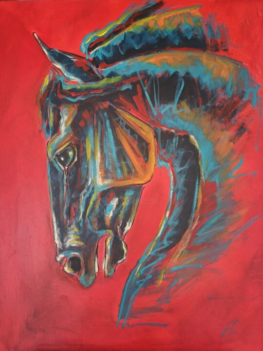 Painting titled "Caballo Rojo" by Cynthia Saenz Sancho, Original Artwork, Acrylic