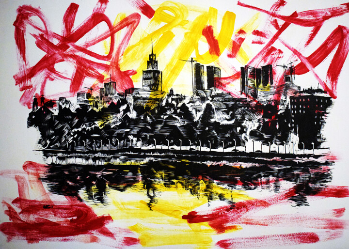 Prenten & gravures getiteld "City 5" door Cyprian Hołownia, Origineel Kunstwerk, Linosnede