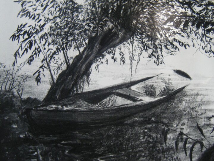 Drawing titled "Fusain - barque sur…" by Cyriaque Millet, Original Artwork, Charcoal