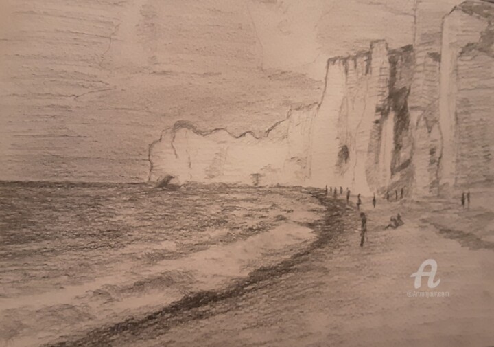 Drawing titled "Etretat  vue de la…" by Cyriaque Millet, Original Artwork, Conté