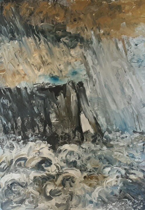 Painting titled "Etretat, tempête" by Cyriaque Millet, Original Artwork, Wax