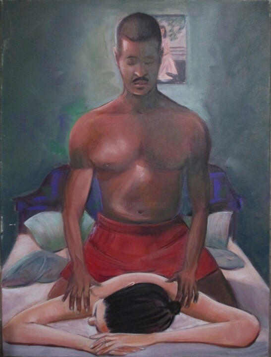 Painting titled "The massage" by Cyril Harris, Original Artwork, Acrylic