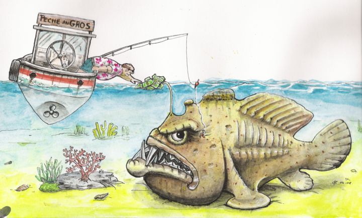 Pintura titulada "Pêche au gros" por Cyril Bourcart, Obra de arte original, Acuarela