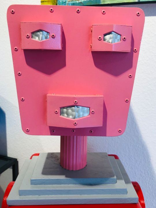 Sculpture titled "Tête de robot rose" by Cyrille Plate, Original Artwork, Aluminium