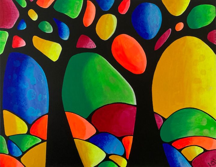 Painting titled "Arbres lumineux" by Cyma, Original Artwork, Marker Mounted on Wood Stretcher frame