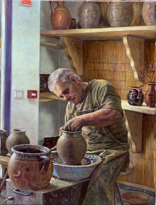 Painting titled "The Potter" by Réka Kenyeres, Original Artwork, Oil