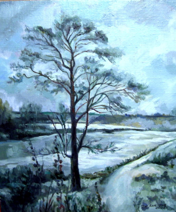 Painting titled "Одинокое дерево" by Emilia Karelina, Original Artwork, Oil