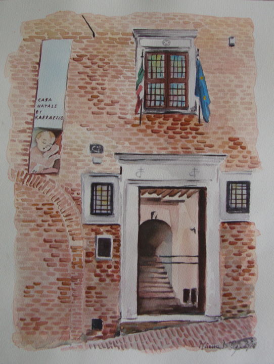 Peinture intitulée "URBINO-casa-natale-…" par M.D-Agostino, Œuvre d'art originale, Aquarelle