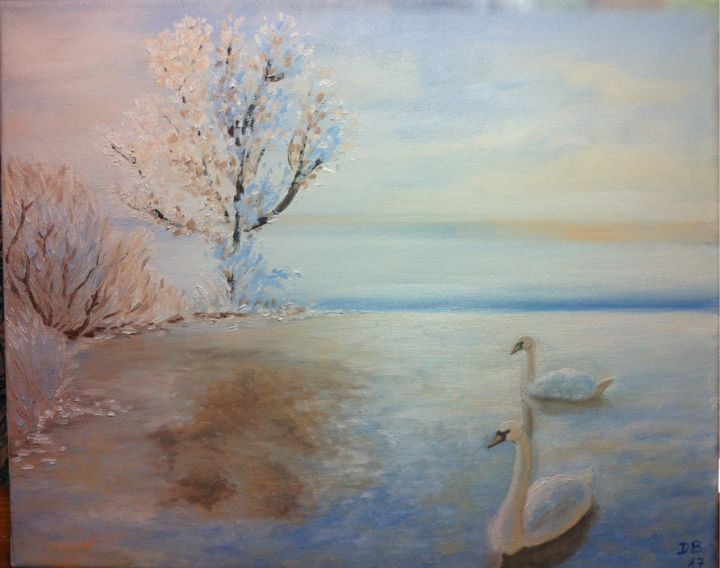 Peinture intitulée "Lac des cygnes" par D. Bouchard, Œuvre d'art originale, Huile