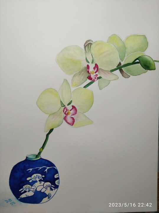 Peinture intitulée "L'orchidée chinoise" par D. Bouchard, Œuvre d'art originale, Aquarelle