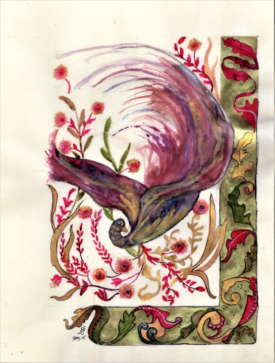 Painting titled "Oiseau d'or" by Marie-Lise Courtel, Original Artwork, Watercolor