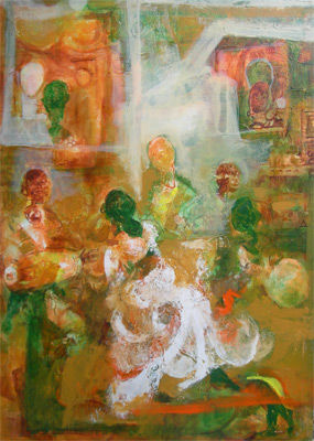 Schilderij getiteld "Village Folk Dance" door D Dakshinamoorthy, Origineel Kunstwerk