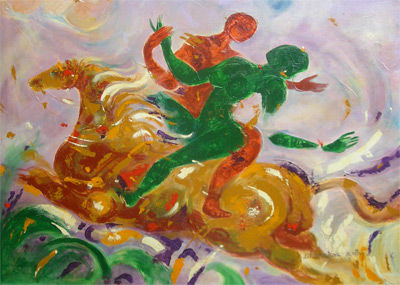 Schilderij getiteld "Horse Ride" door D Dakshinamoorthy, Origineel Kunstwerk