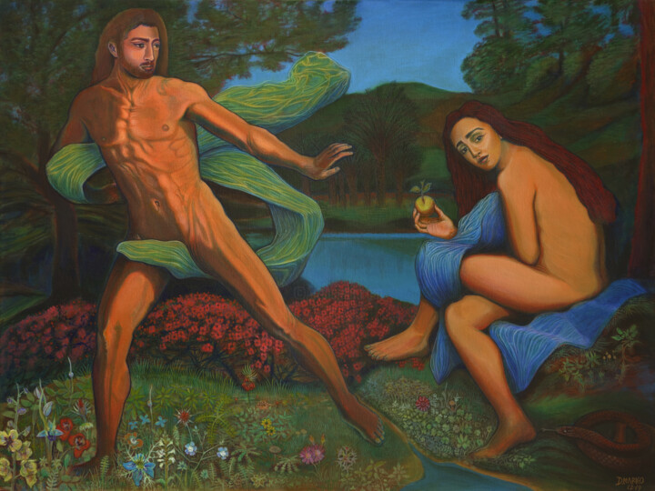 Painting titled "Adam and Eve - The…" by D-Marko-O, Original Artwork, Acrylic Mounted on Wood Stretcher frame