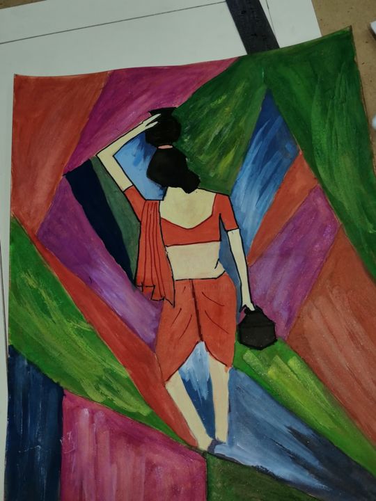 Painting titled "Folk woman in Abstr…" by Dr.Sharmila Das, Original Artwork, Airbrush