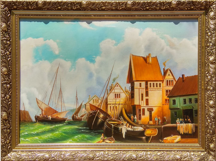 Peinture intitulée "Barges in the roads…" par Daniel Zhili Bochkov, Œuvre d'art originale, Huile