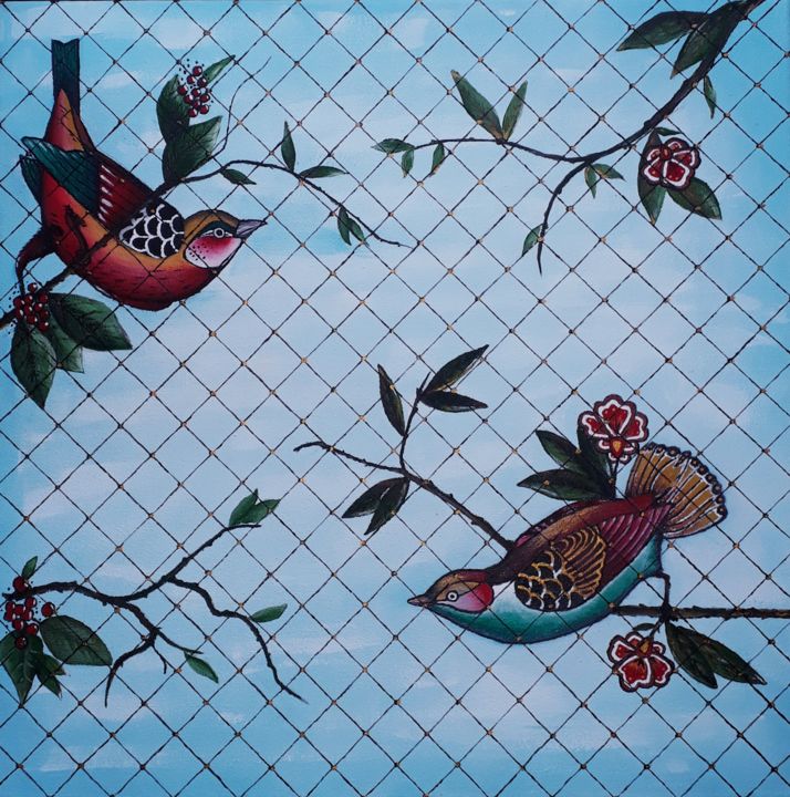 Картина под названием "bird" - B.R.☆, Подлинное произведение искусства, Акрил Установлен на Деревянная рама для носилок
