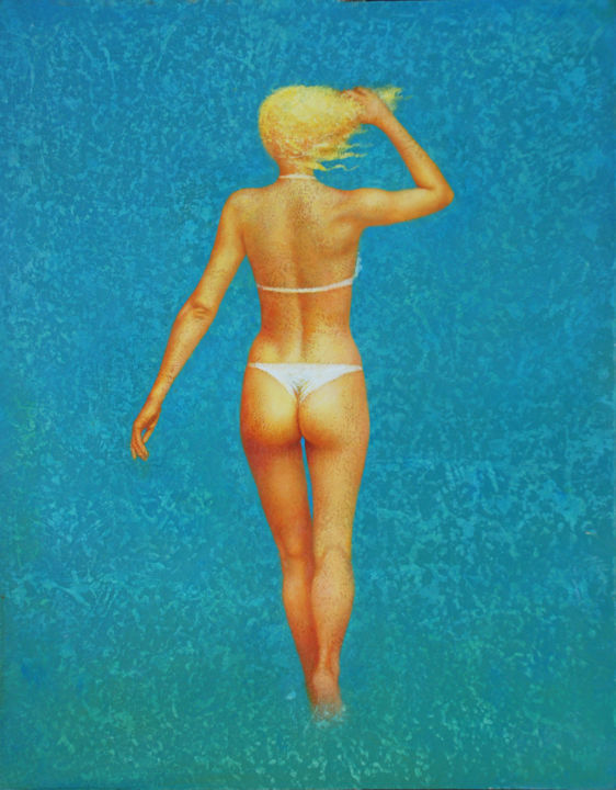 Painting titled "Woman and Sea." by Dace Lapina, Original Art, Acrylic