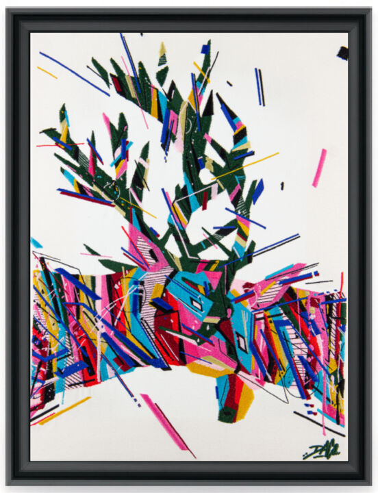 Textielkunst getiteld "Graffaune Cerfs, 20…" door Daco, Origineel Kunstwerk, Borduurwerk Gemonteerd op Canvas brancard
