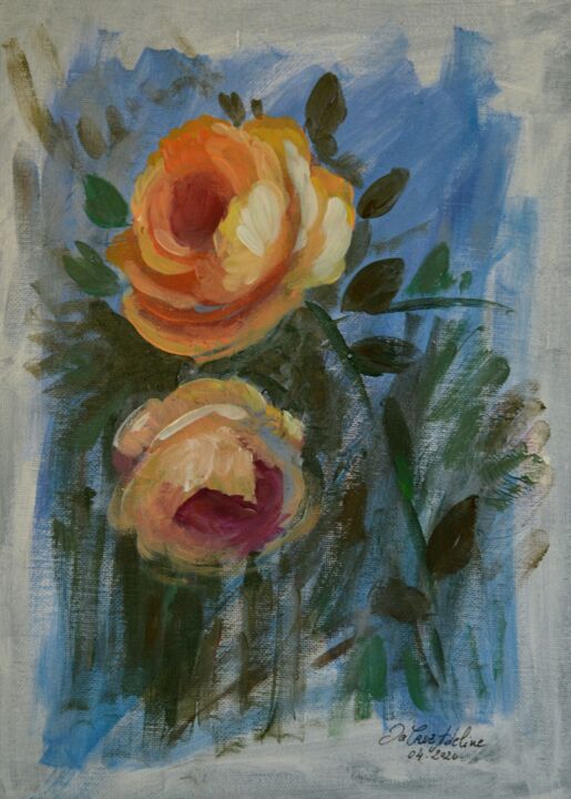 Painting titled "Roses Pêches" by Adeline Da Cruz, Original Artwork, Acrylic Mounted on Cardboard