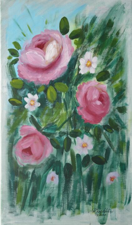 Painting titled "Spring roses" by Adeline Da Cruz, Original Artwork, Acrylic Mounted on Wood Stretcher frame