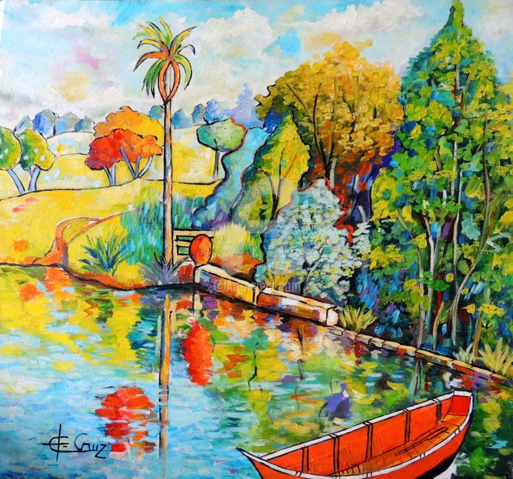 Painting titled "Lago da Cascata Véu…" by José Claudinei Da Cruz, Original Artwork, Oil