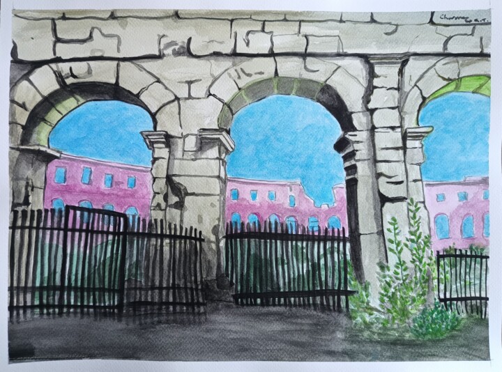 Painting titled "Pula city amphithea…" by Daddy Noob, Original Artwork, Watercolor