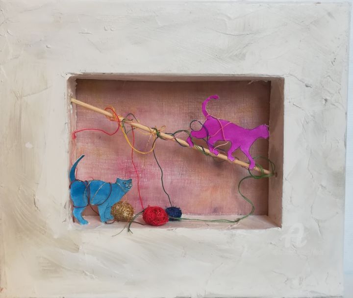 Collagen mit dem Titel "cat bleu e rose" von Dade, Original-Kunstwerk, Textilien