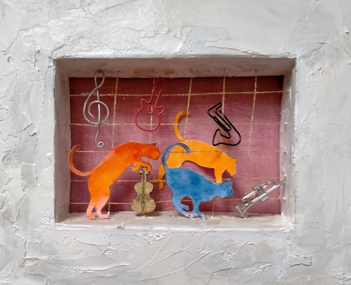 Collages intitolato "gatti con strumenti…" da Dade, Opera d'arte originale, Tessile