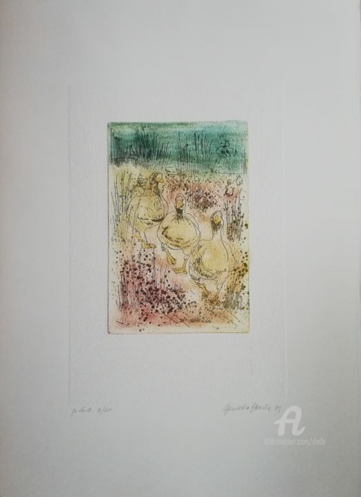 Incisioni, stampe intitolato "oche a passeggio" da Dade, Opera d'arte originale, Acquaforte