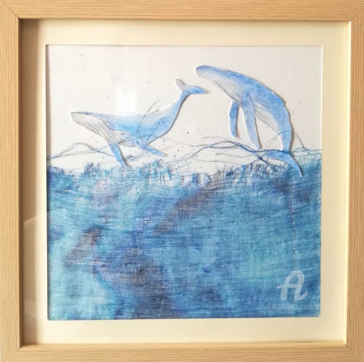 Dessin intitulée "Due Balene" par Dade, Œuvre d'art originale, Aquarelle