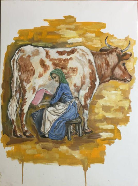 Peinture intitulée "Woman milking a cow" par Manar Abou Elaoula (A’M), Œuvre d'art originale, Huile Monté sur Châssis en bois