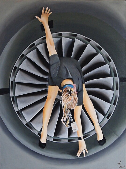 Ζωγραφική με τίτλο "Enigmatic Jet Engin…" από Daheaven Art, Αυθεντικά έργα τέχνης, Λάδι Τοποθετήθηκε στο Ξύλινο φορείο σκελε…