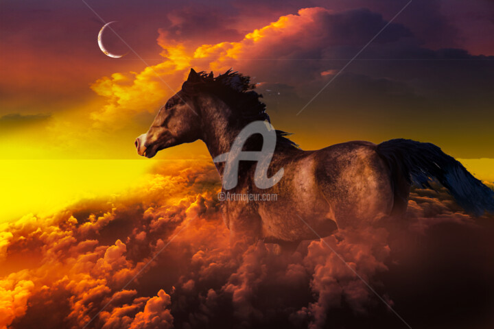 Digital Arts titled "Horse Running Above…" by Dahuyn, Original Artwork, Digital Painting