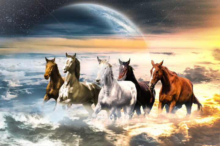 Digital Arts titled "Horses Running Abov…" by Dahuyn, Original Artwork, Digital Painting