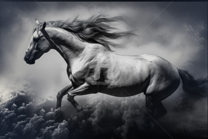 Цифровое искусство под названием "Horse Running in Cl…" - Dahuyn, Подлинное произведение искусства, Цифровая живопись