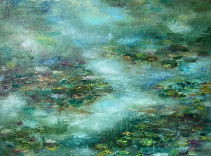Painting titled "Misty Lake" by Daiva Karaliute, Original Art, Oil