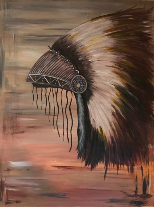 Malarstwo zatytułowany „Coiffe indienne” autorstwa Dakota Capacha, Oryginalna praca, Akryl Zamontowany na Drewniana rama nos…
