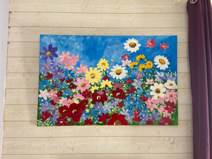 Painting titled "Champs de fleurs" by Dakota Capacha, Original Artwork, Acrylic Mounted on Wood Stretcher frame