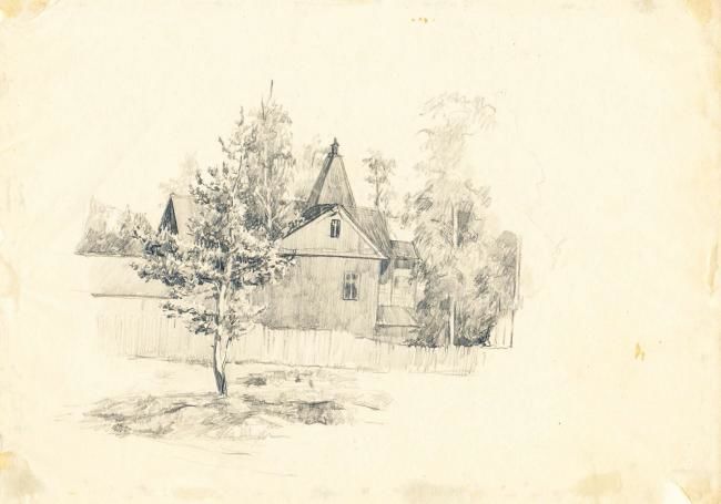 Drawing titled "House behind the fe…" by Belerfon Dalakyan, Original Art,
