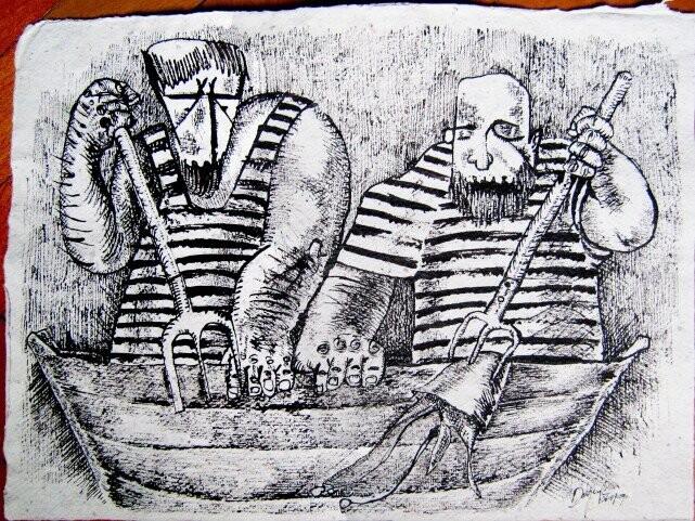 Schilderij getiteld "Fishermen" door Dalibor Pehar (Dado), Origineel Kunstwerk, Olie