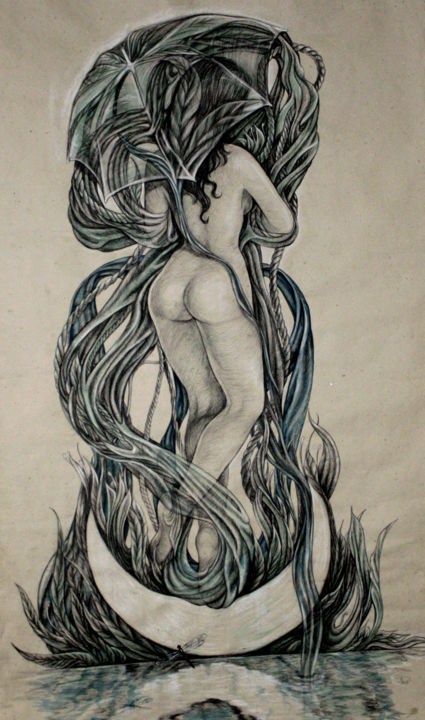 Drawing titled "Luna de primavera" by Damayanty Mena Escalona, Original Artwork, Charcoal