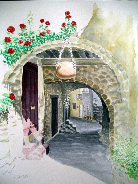 Painting titled "ROQUEBRUNE SUR ARGE…" by Alain Dambès, Original Artwork, Watercolor