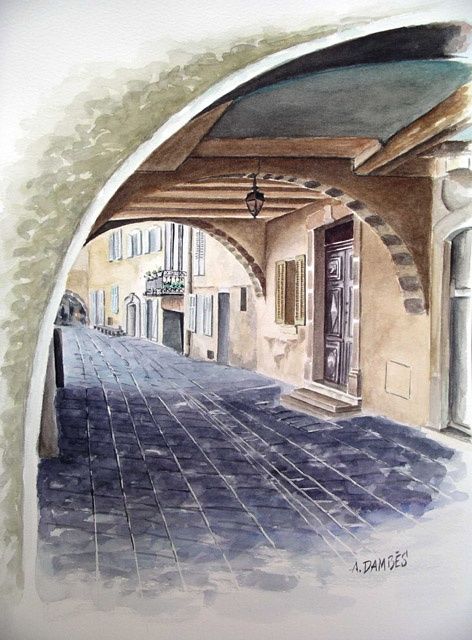 Peinture intitulée "ROQUEBRUNE SUR ARGE…" par Alain Dambès, Œuvre d'art originale, Aquarelle