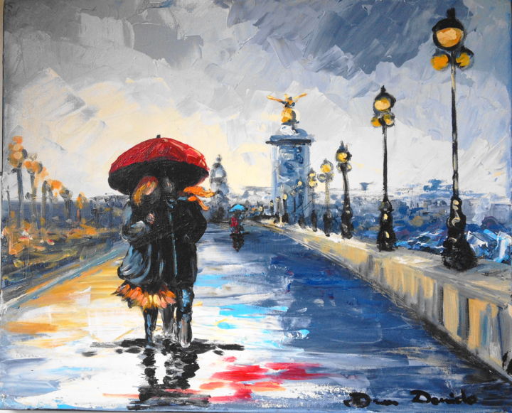 Painting titled "Paris, pluie...;Les…" by Dam Domido, Original Artwork, Oil