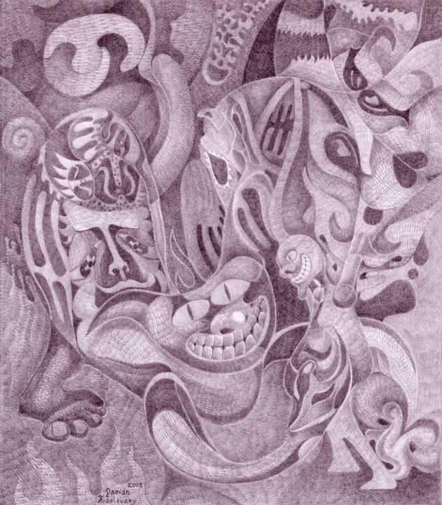 Desenho intitulada "El gato y su mascota" por Damian Ignacio Eselevsky Esell, Obras de arte originais, Lápis