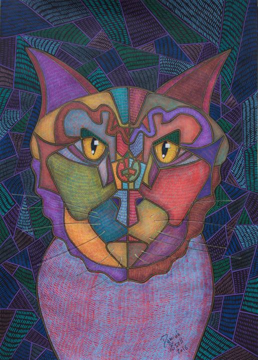 Malerei mit dem Titel "Gato Rey" von Damian Ignacio Eselevsky Esell, Original-Kunstwerk, Tinte