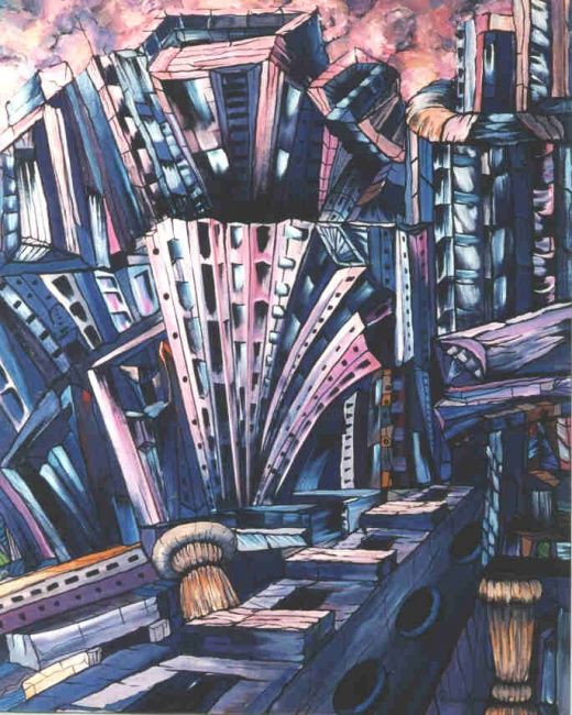 Painting titled "Ciudad Azul" by Damian Suarez Ioshi, Original Artwork